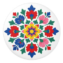Hungarian Kalocsa Floral Folk Art Ceramic Knob