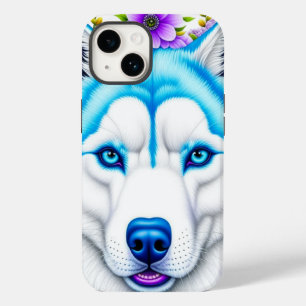 Husky Bonito com Olhos Azuis e Flores Caprichosas