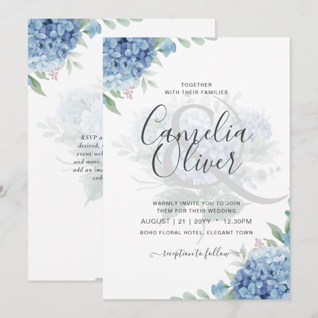 Hydrangea Azul Moderno Convite para Casamento Flor (Frente/Verso)