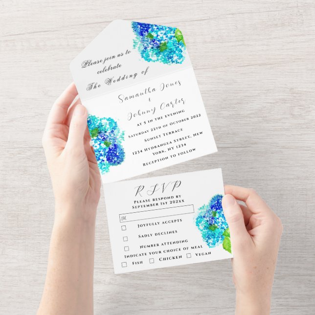 Hydrangea Blue Floral Watercolor Casamento Russo (Aba destacável)
