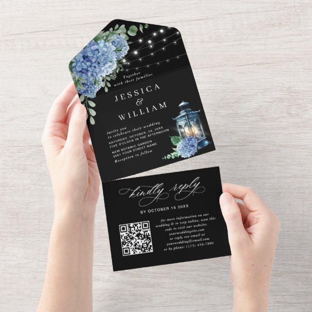 Hydrangea Blue Lanterna Black Wedn Código QR (Aba destacável)