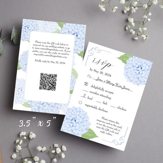 Hydrangea Watercolor Blue RSVP com Código QR (RSVP card with QR code and entree choices)