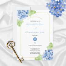 Hydrangeas Blue Dourado Convite para Casamento de 