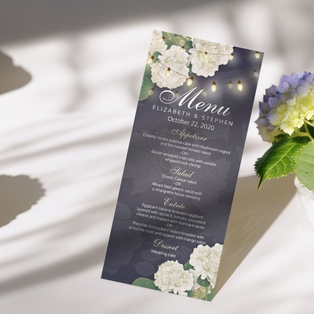 Hydrangeas Flores String Luzes Azul Menu Casamento (Criador carregado)