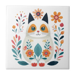 Hygge White Flower Cat Scandinavian Folart