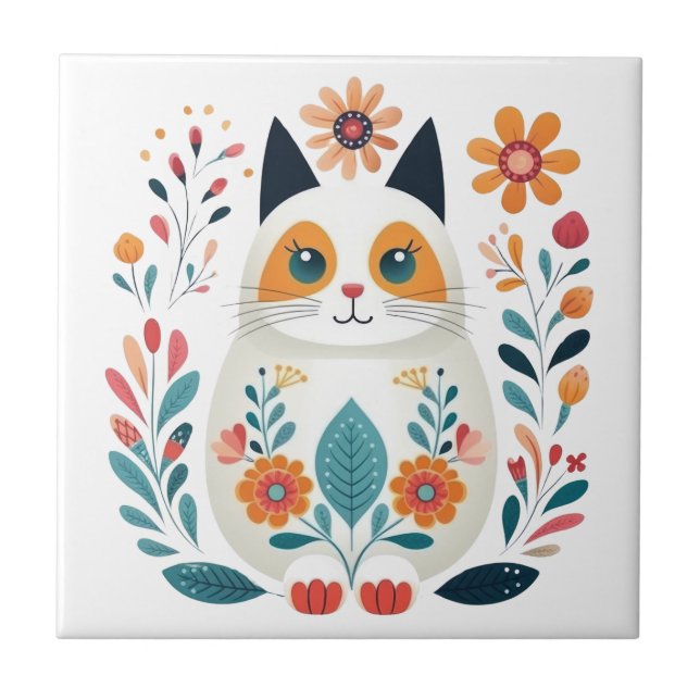 Hygge White Flower Cat Scandinavian Folart (Frente)