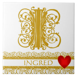 I Monograma Nome Dourado Lace Red Heart Azulejo