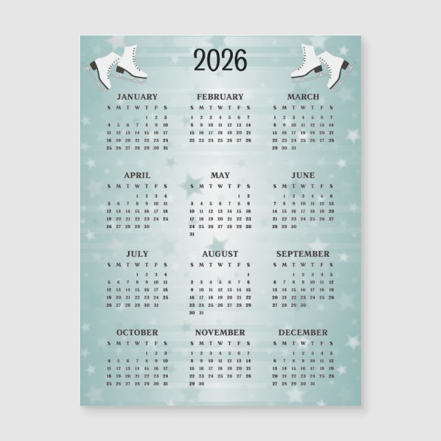 Ice Skates Design 2026 Calendar Magnetic Card (Frente)