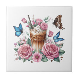 Iced Coffee & Butterfly Floral Ceramic Tile