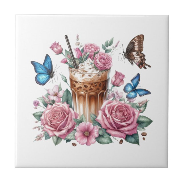 Iced Coffee & Butterfly Floral Ceramic Tile (Frente)