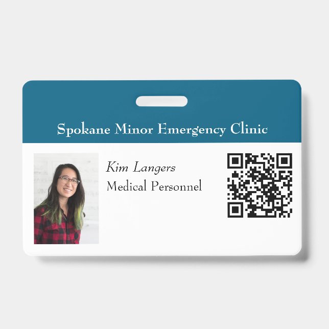 ID Horizontal Foto e código QR Crachá Teal Genéric (Frente)