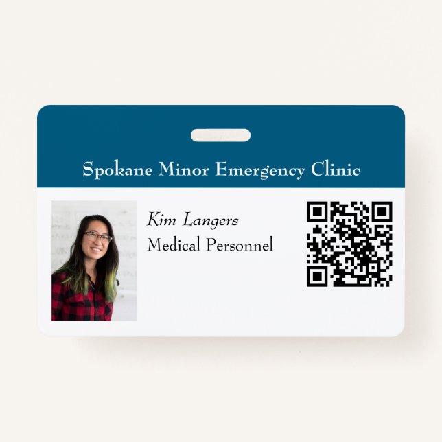 ID Horizontal Foto e código QR Crachá Teal Genéric (Frente)
