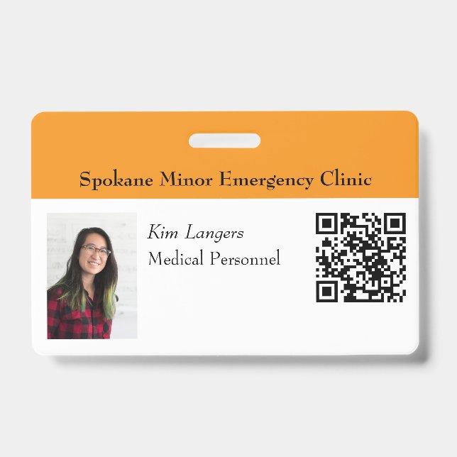 ID Horizontal Foto e Crachá de código QR Laranja (Frente)