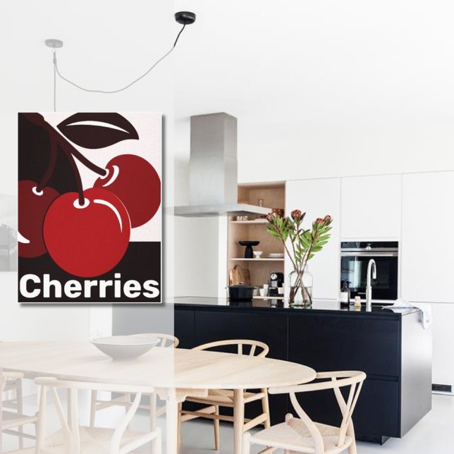 Ideia de decoração de parede de cozinha vermelha,  (Modern Black White Red Cherries Kitchen Poster)
