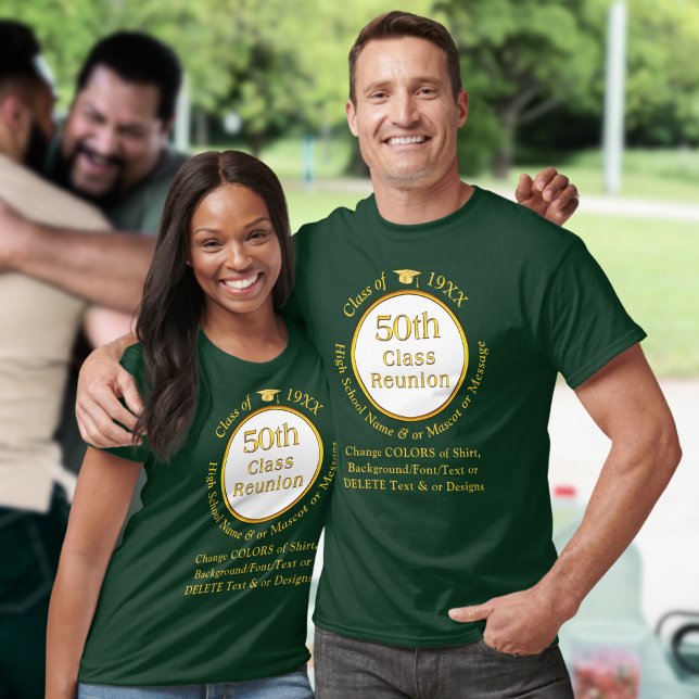 Ideias de Camisa de Reunião da 50ª Classe, em Muit (50th class reunion t-shirts. Green, Gold, White. Class of 1975 ideas, 50th class reunion shirts.)