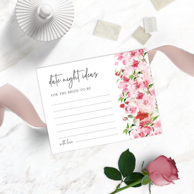 Ideias Florais para uma Noite Romântica (Watercolor Red and Pink Floral Date Night Ideas Card for Bridal Showers)