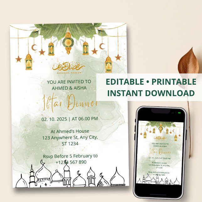 Iftar janto convite ramadan aquarela verde (Criador carregado)