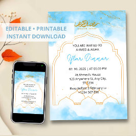 Iftar janto convite ramadan azul aquarela