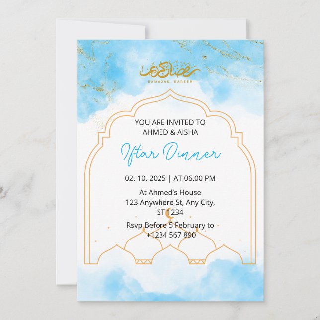 Iftar janto convite ramadan azul aquarela (Frente)