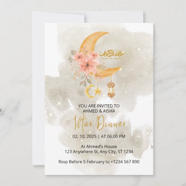 Iftar janto convite ramadan branco aquarela (Frente)