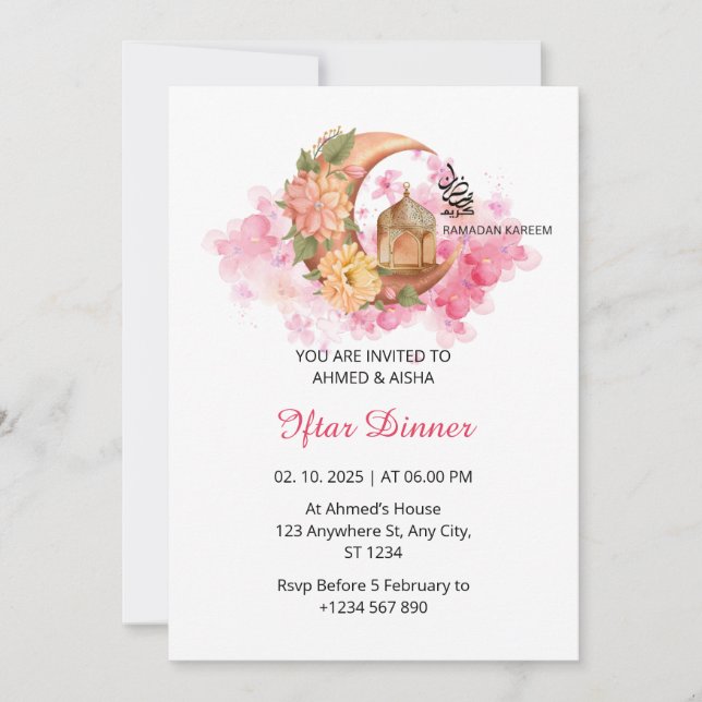Iftar janto convite ramadan cor-de-água rosa (Frente)