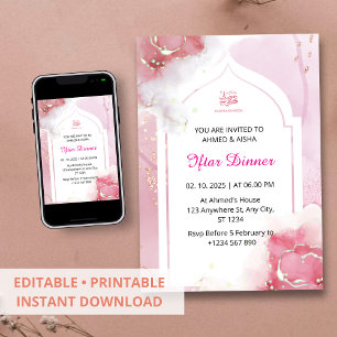 Iftar janto convite ramadan cor-de-água rosa