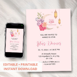 Iftar janto convite ramadan rosa com lua