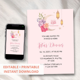 Iftar janto convite ramadan rosa com lua