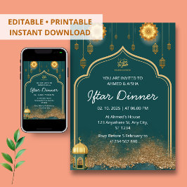 Iftar janto convite ramadan verde ouro