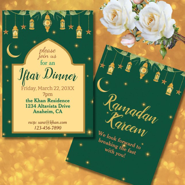 Iftar Ramadan Convite Verde Elegante, Dourado, Lua (Invite friends + family to break the day's Ramadan fast with this elegant Iftar dinner invitation.)