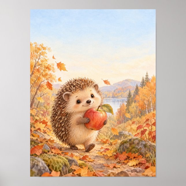 Igel mit rotem Apfel auf dem Waldweg – Poster (Frente)