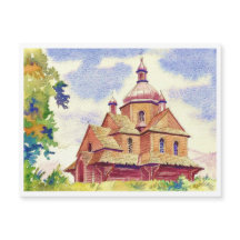 Igreja de Madeira Ucraniana Vintage Watercolor