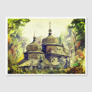 Igreja de Madeira Ucraniana Vintage Watercolor