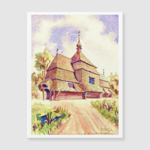Igreja de Madeira Ucraniana Vintage Watercolor