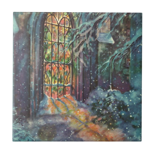 Igreja de Natal Vintage com Vitral (Frente)