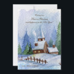 Igreja em Cartões de Natal em Neve<br><div class="desc">Uma bela, serena, design de aquarela apresentando uma igreja country numa noite de neve. O cartão é fácil de personalizar com seu texto, fonte, cor da fonte, opções de forma de papel e escolha de seis tipos de papel. Não exatamente o que você está procurando? Todos os nossos produtos podem...</div>