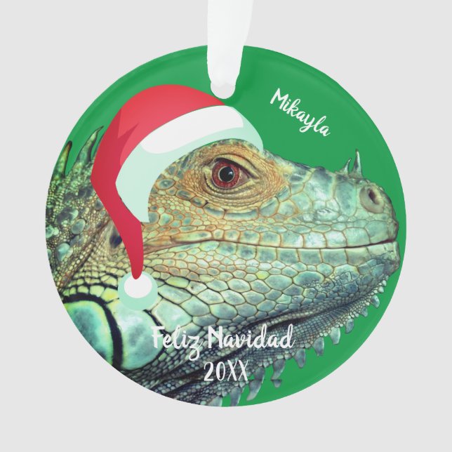 Iguana Verde com Chapéu de Papai Noel Enfeite (Frente)