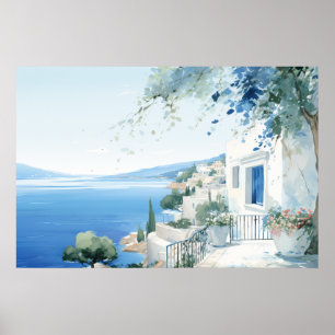 Ilha Grega Idílica: Impressão de Arte em Aquarela