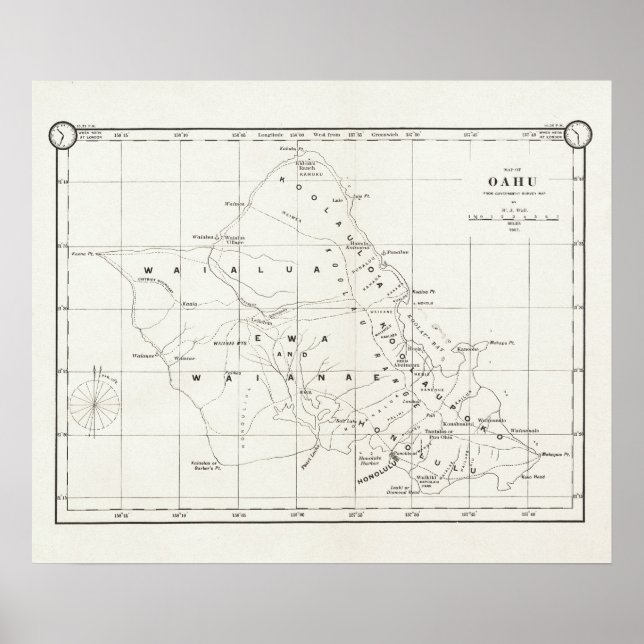 Ilha Oahu, Havaí, Mapa Vintage 1887 Poster (Frente)