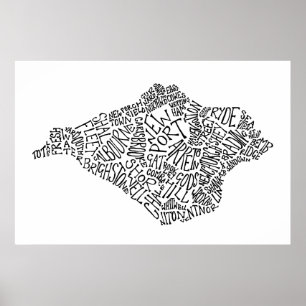 Ilha preta do poster do mapa de texto do Wight