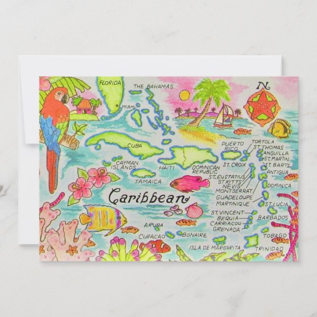 Ilhas do Caribe Mapa 5x7 Grande Cartão Postal (Frente)