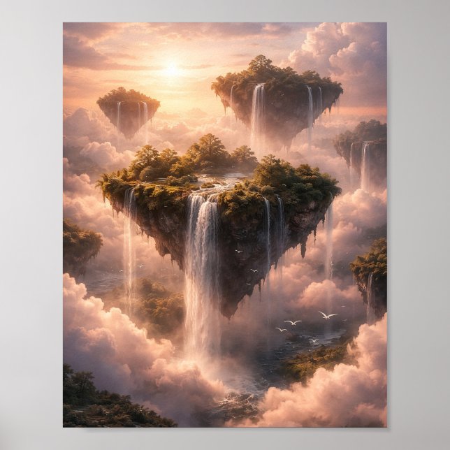 Ilhas Flutuantes Cachoeiras Céu Poster (Frente)
