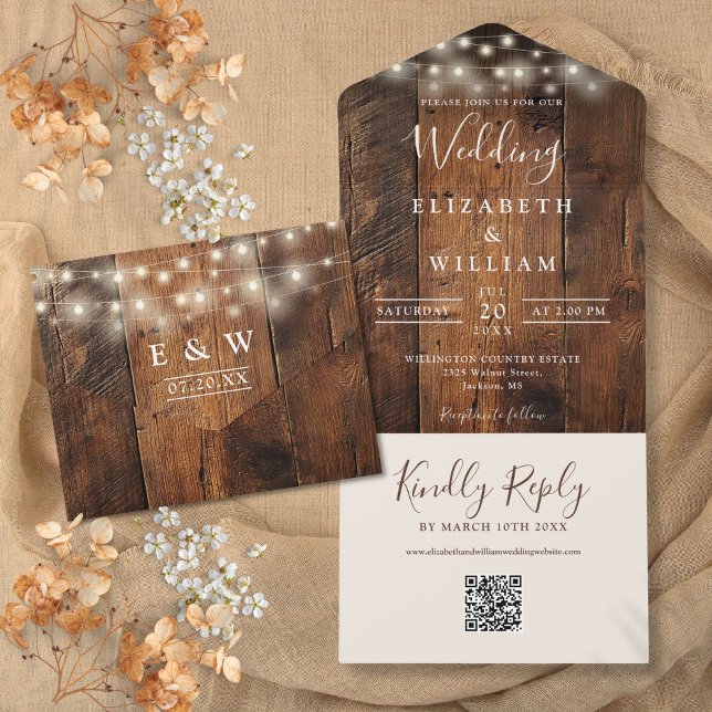 Iluminação de corda de madeira de celeiro rústico  (Rustic Barn Wood String Lights QR Code Wedding All In One Invitation)