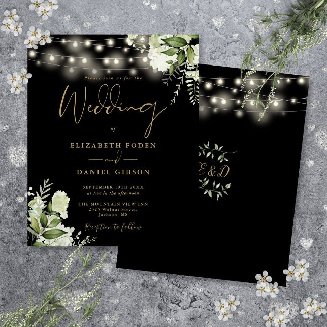 Iluminação Dourada do Orçamento Convite para Casam (Budget Floral Lights Black Gold Wedding Invitation)