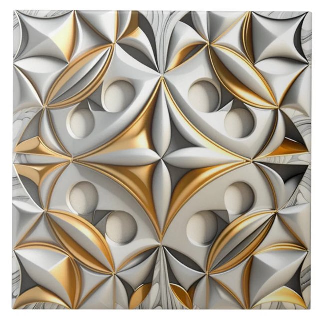 Ilusão Geométrica Cinza Prata e Dourado (The complete printed tile design. Tiles sold individually.)