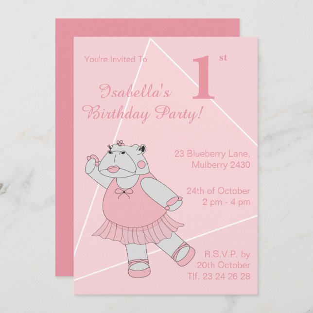 ilusima Ballerina Hippo Girls Convite de Aniversár (Frente/Verso)