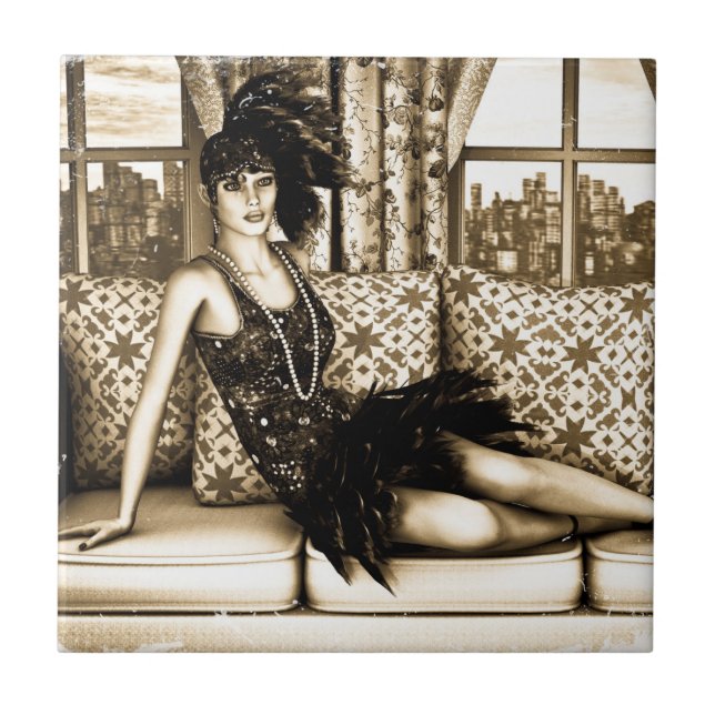 Ilustração Art Déco Sepia de Mulher Flapper (Frente)