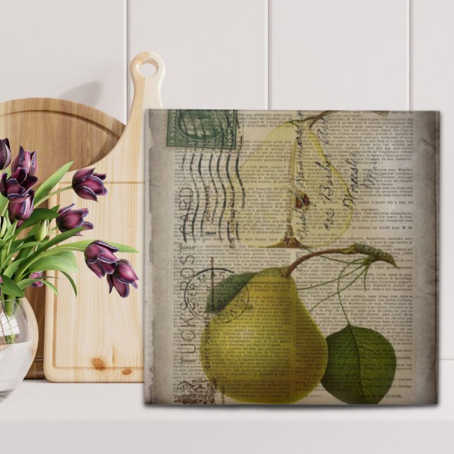 ilustração botânica francesa da vintage pera (french country botanical illustration vintage pear ceramic tile)