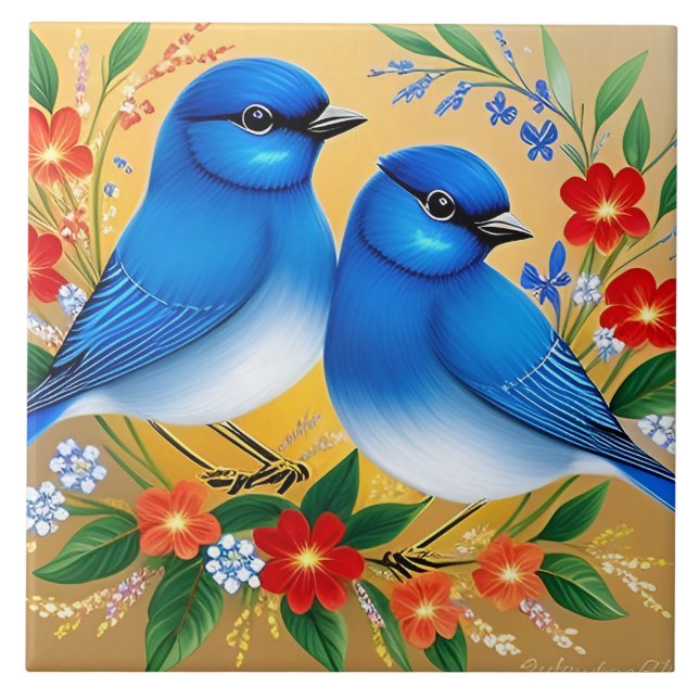 Ilustração Colorida de Dois Pássaros Azuis (Frente)