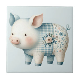 Ilustração Cottagecore de Porco em Patchwork Azul